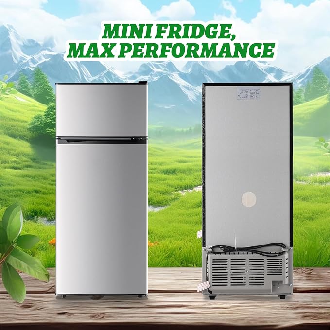 DEMULELR 4.5Cu.ft Refrigerator with Freezer Two Door Fridge with Removable Glass Shelves, Crisper Drawer & Extra Drink Space, LED Light, Apartment Size Fridge for Dorm Silver