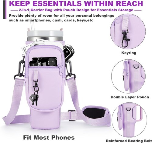 BULKITEM Water Bottle Carrier Bag - Insulated Neoprene Holder with Phone Pocket for Stanley 40 & 30 oz Tumbler - Pink