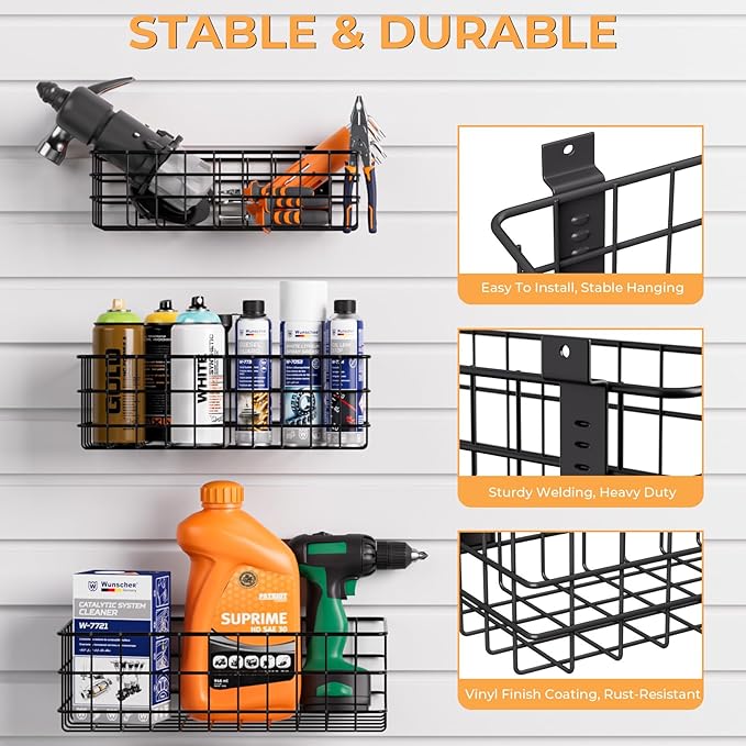 INCLY 30PCS Slatwall Accessories Set, Includes 4 Pack Ventilated Metal Wire Slatwall Baskets and 26PCS Multisized Heavy Duty Slatwall Hooks for Garage Organization Rooms Workshop Storage