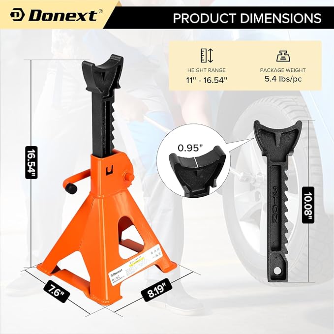 Donext Jack Stands 3 Ton (6,500 lb) Capacity Steel, 1 Pair Orange Lifting Stand Adjustable Jack Stands