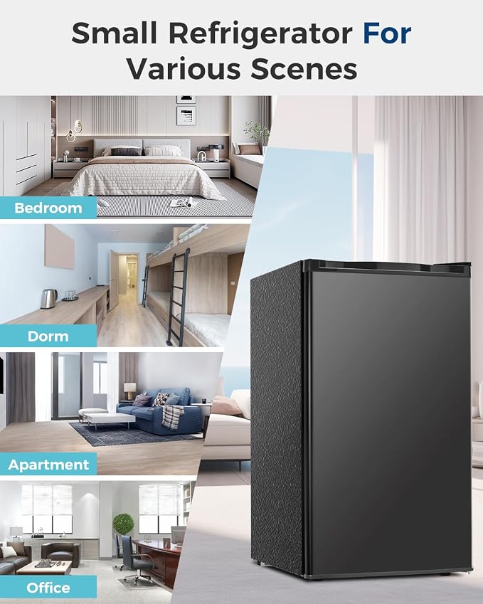 Feelfunn Mini Fridge with Freezer - 3.2 Cu.Ft Single Door Mini Refrigerator with Adjustable Thermostat, Small Fridge for Bedroom, Apartment, Dorm - Black