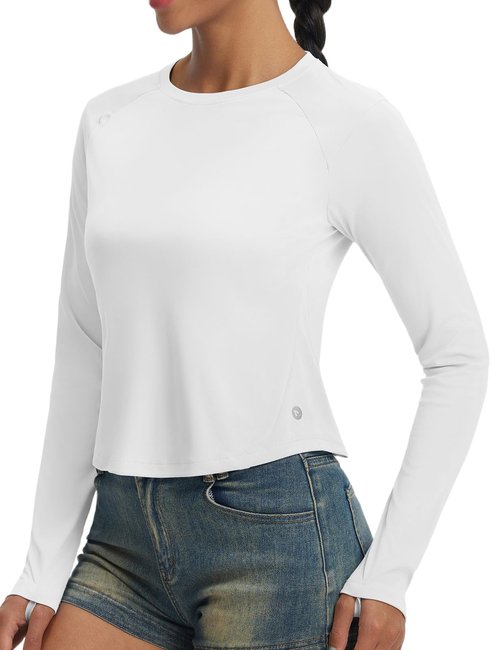 baleaf Women's UPF 50+ Long Sleeve Sun Shirts Crop Rash Guard UV Workout Tops SPF Slim Fit Lightweight Athletic Hiking White M