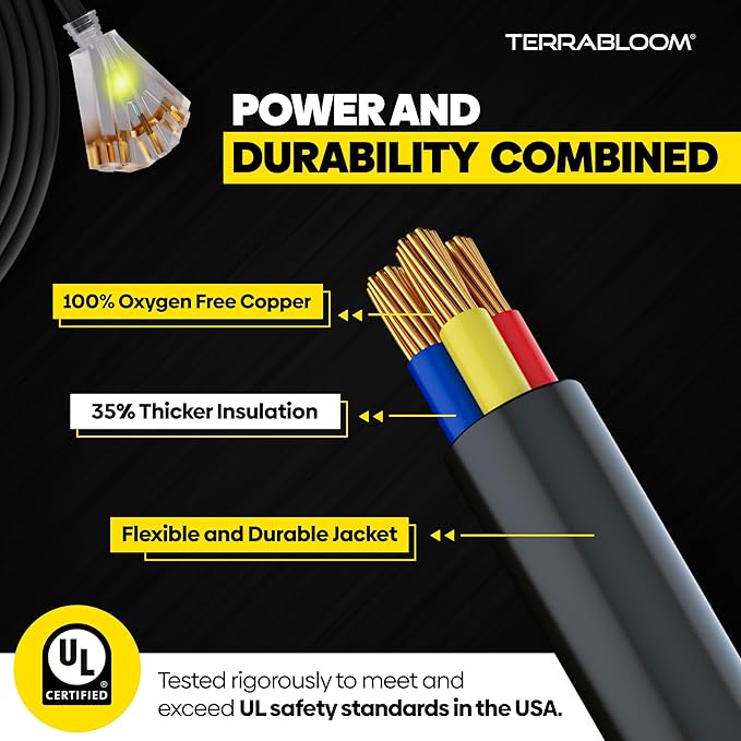TerraBloom 12/3 Heavy Duty Extension Cord 100 FT Outdoor - Black Outdoor Extension Cord Multiple Outlet - Ultra-Flexible SJEOW Rubber, Light Indicator, Triple Outlet for Maximum Efficiency - 15 Amp