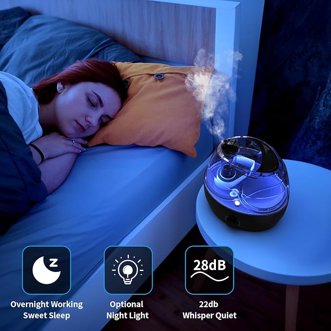 Humidifiers for Bedroom and Large Room, 2.2L Cool Mist Humidifier for Baby, 30 Hours with Whisper-Quiet Operation, Adjustable 360° Rotation Nozzle, Night Light Function, BPA Free