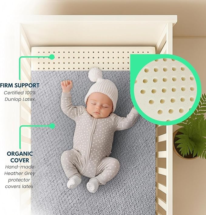 ORGANIC TEXTILES Organic Baby Mattress Topper with Heather Grey Cover - GOLS/GOTS Certified - Breathable, Hypoallergenic, 2" Playard (38"x26")