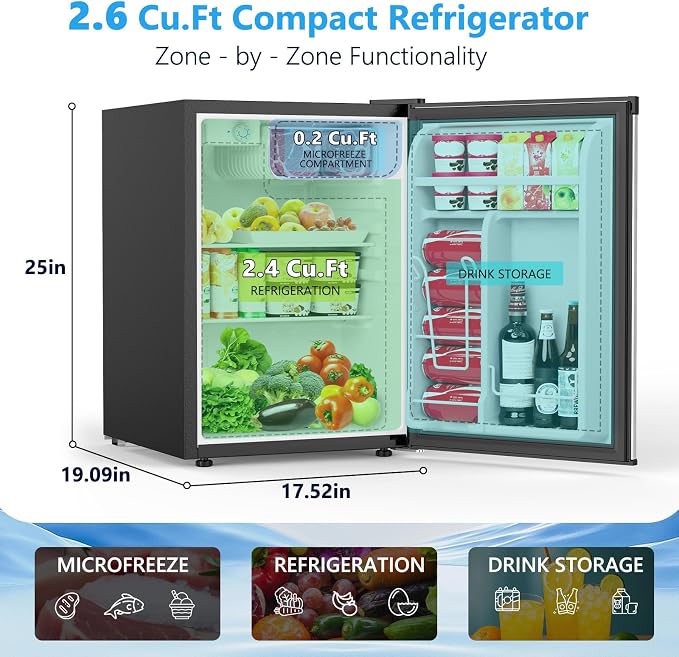 COWSAR 2.6 Cu.Ft Mini Fridge with Freezer, Quiet Reversible Door Compact Refrigerator, Small Refrigerator with 2 Removable Shelves, Adjustable Thermostat, for Office, Bedroom, Dorm, Silver