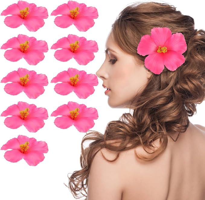 DOITOOL 10 Pcs Pink Artificial Hibiscus Flowers Faux Tropical Flower Decor Fake