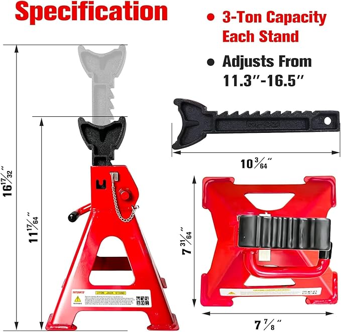 YATOINTO Jack Stands 3 Ton (6,600 LBs), 11.22"-16.54" Adjustable with Double Pin Locking for Reinforced Safety. Car Jack Stand with Extra Rubber Pads for Trucks, Home,Garage,Lifting,1 Pair Red