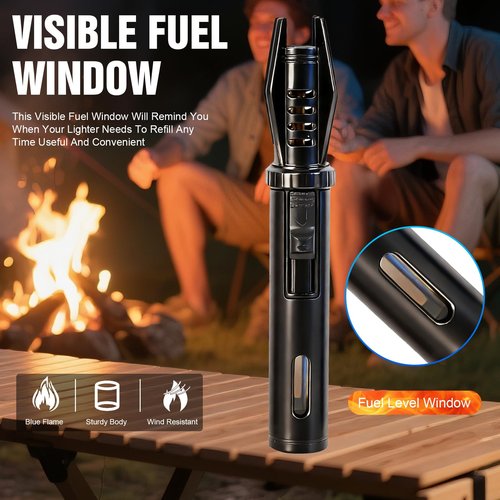 Mini Torch Lighter with Fuel Window - 5" Refillable Butane Jet Flame, Windproof Pocket Lighter for Camping, Hiking & Home Use (Black)