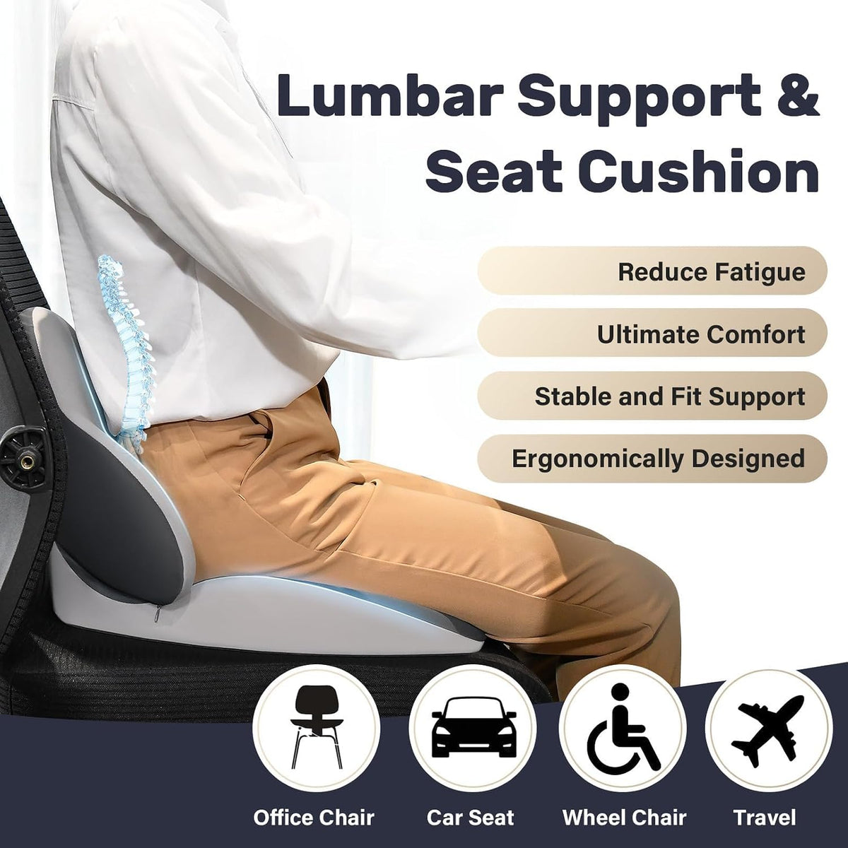 Coverado Seat Cushion and Lumbar Support Pillow for Car Office Chair, Ergonomic Memory Foam Desk Chair Cushion Back Support Pillow, Sciatica & Back & Tailbone Pain Relief Cushion