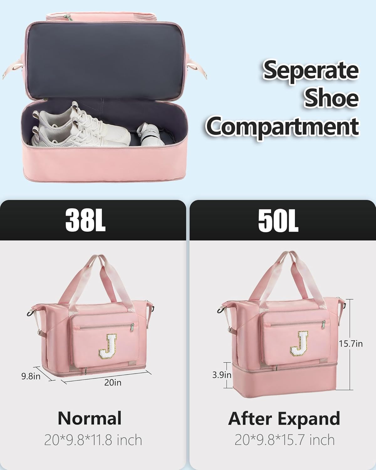 Skiennix Initial Duffle Bag - Trendy Travel & Gym Bag with Shoe Compartment | Pink J