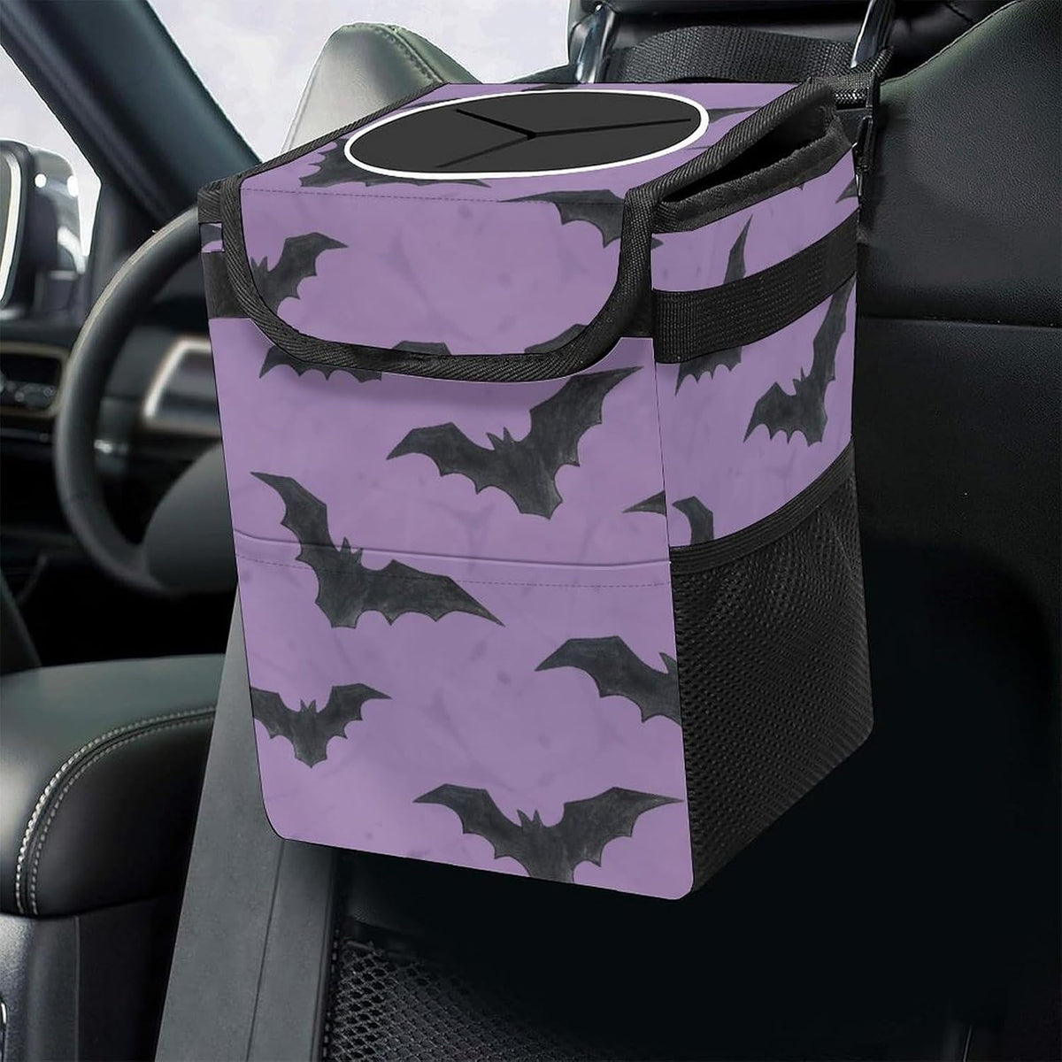 Purple Goth Bat Car Trash Can with Lid - Collapsible Reusable Waterproof Garage Bag,Automotive Garbage Can,Car Accessories Interior Organizer