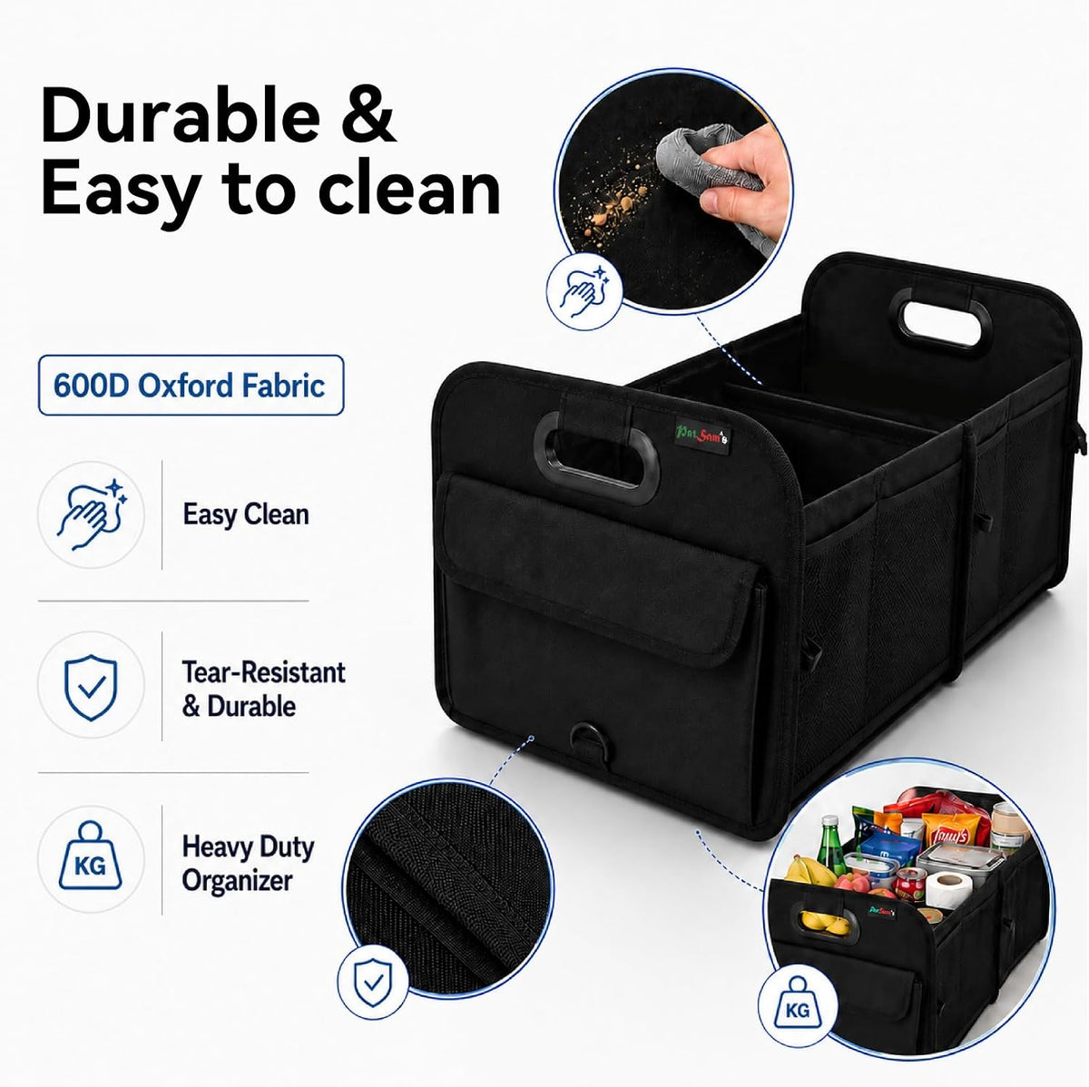 PAT SAM'S Trunk Organizer for SUV, Collapsible Car Trunk Organizer with Dividers, Waterproof 600D Oxford, Non-Slip Storage Organizer for Groceries, Tools, Travel, Truck & Car (Black)