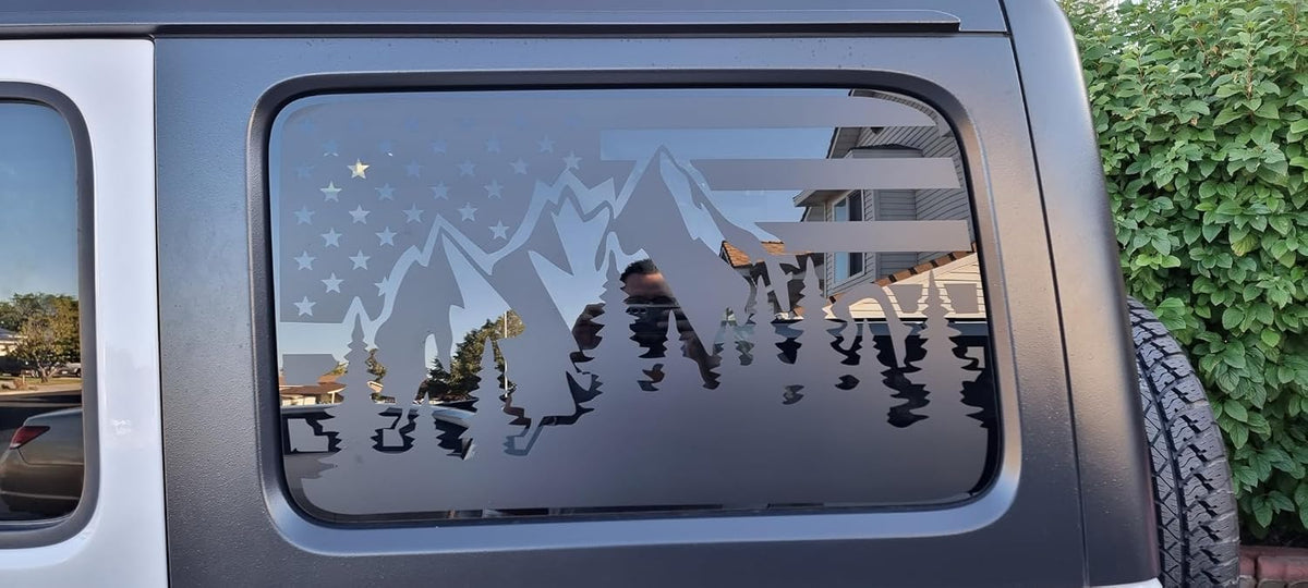 for Jeep Wrangler JL & JLU 2018-2024 Mountain American Flag Rear Window Decals, Matte Black USA Flag Vinyl Stickers 2PCS, Patriotic SUV Truck Window Graphics Exterior Accessories