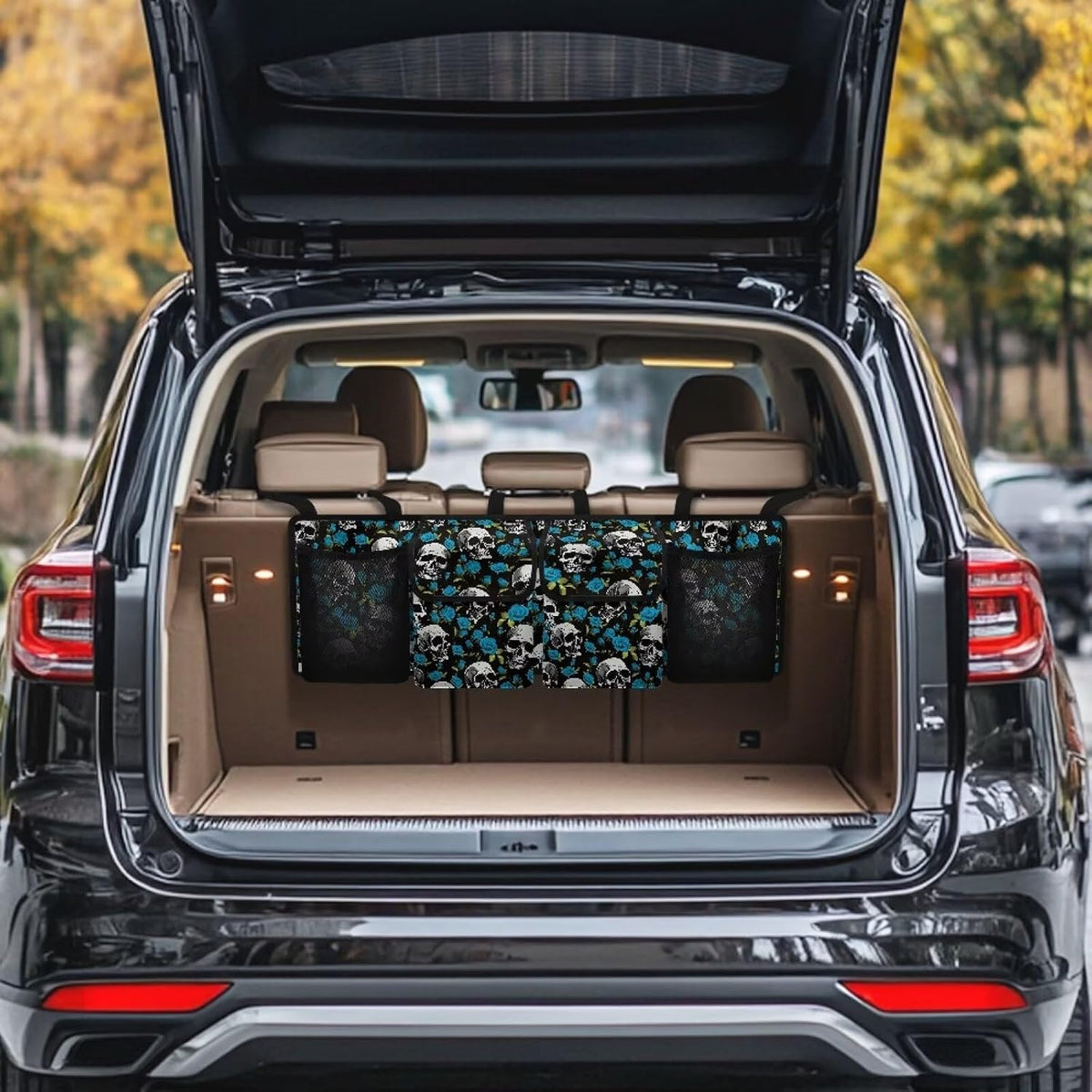 Car Trunk Organizer,Collapsible Large Capacity Auto Backseat Hanging Storage Bag with Adjustable Strap & 4 Pockets,Keep Trunk Clean and Tidy(Blue Mushroom Pattern)