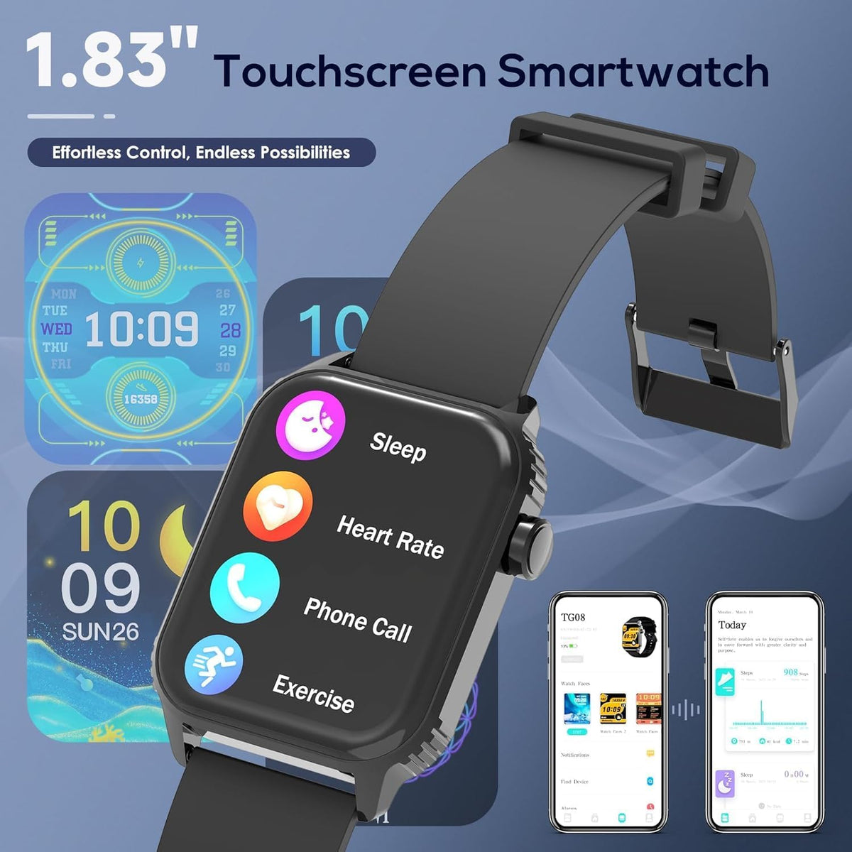 TRAUSI Smart Watch for Men - 120 Sports Modes, 1.83" HD Display, Alexa Built-In, IP67 Waterproof | Black Fitness Tracker