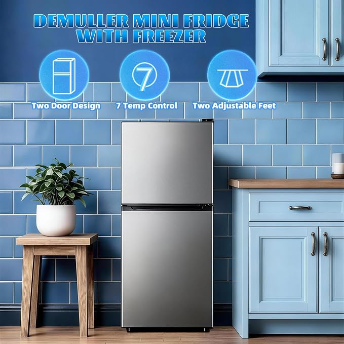 Mini Fridge with Freezer Large Capacity 110L Small Refrigerator with 7 Adjustable Temperature 2 Door Small Fridge for Office, Dorm, Bedroom Silver