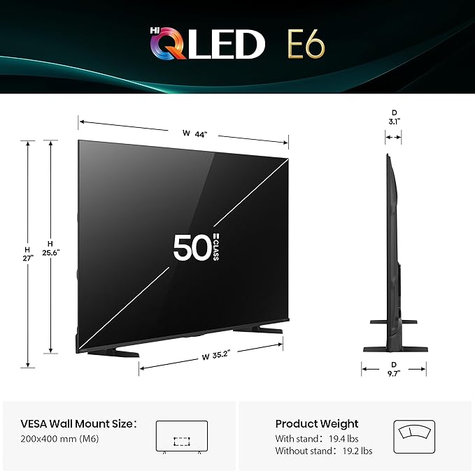 Hisense 50" E6 Cinema Series Hi-QLED 4K UHD Smart Fire TV (50E6QF) - AI Light Sensor, Dolby Vision · Atmos, Voice Remote with Alexa, Motion Rate 120, HDR 10+ Adaptive, Game Mode Plus