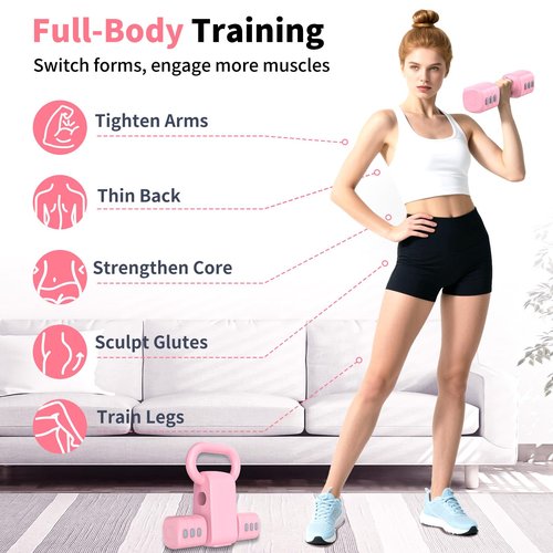 Hezeyferg 2-in-1 Adjustable Dumbbells Set, 4 Levels Weight Dumbbells Set for Women Men, Each 2.2/3.3/4.4/5.5lb Hand Weights with Kettlebell Form for Home Gym Exercise Training (Pink)