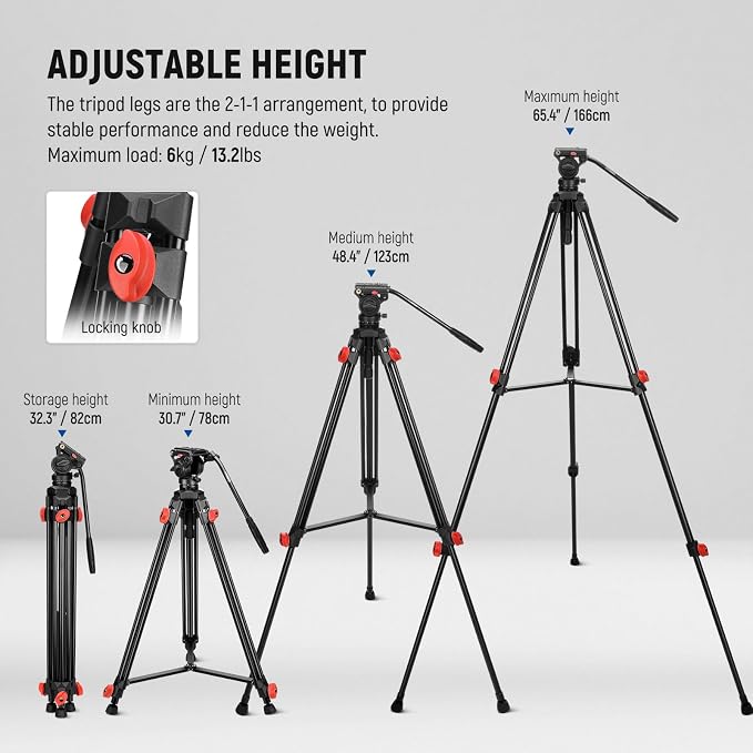 NEEWER Video Tripod with Fluid Head, Heavy Duty Aluminum Compact Portable