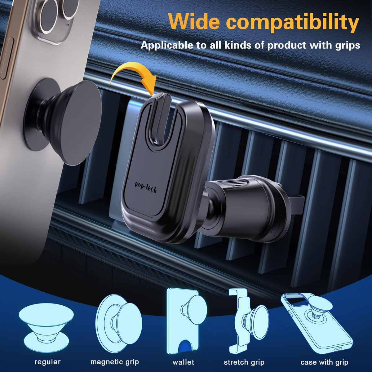 pop-tech Car Vent Phone Mount for Thick Socket Grip, Air Vent Clip Phone Holder Compatible with Magsafe Wallet Black & iPhone Samsung Card Holder, Cellphone Stand with Sticky Adhesive