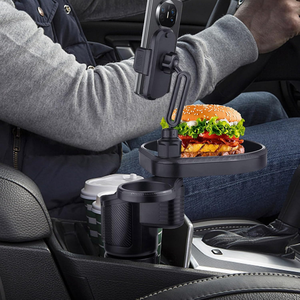 4-in-1 Car Cup Holder Expander - Rotating Tray with Phone Mount & Food Tray, Adjustable Base for Most Vehicles/RV/Trucks