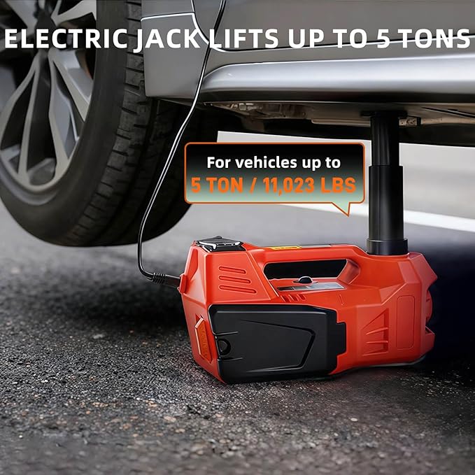 Electric Car Jack, 5 Ton Hydraulic Floor Jack with Electric Impact Wrench, Tire Inflator & LED Light, Lift Range 6.1-17.7 Inch, Emergency Roadside Tire Changing Kit for SUV Sedan Truck