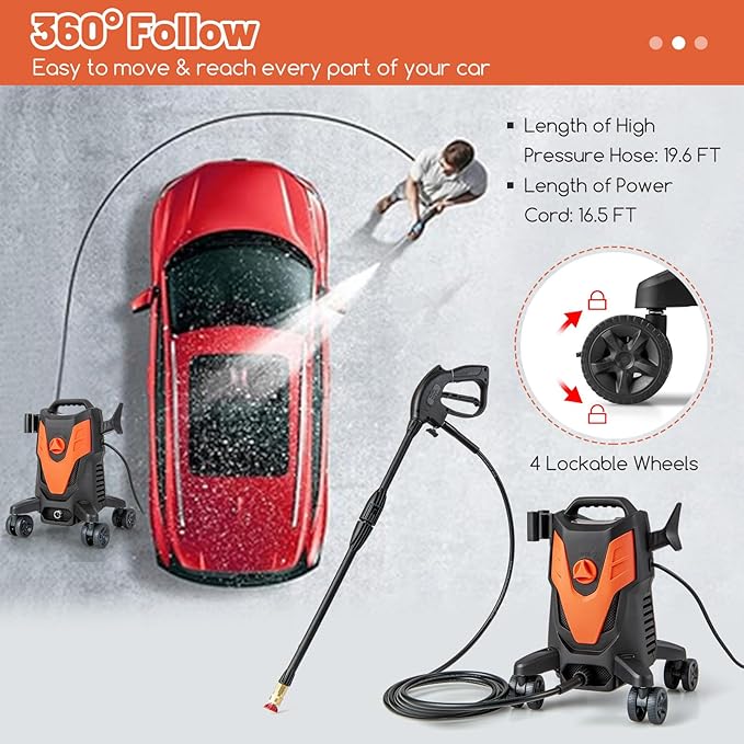 Goplus Electric Pressure Washer, 2400 PSI 1.7 GPM High Pressure Power Washer w/4 Quick Nozzles & Universal Wheels, Portable Pressure Washer IPX5 Car Wash Machine, Cleaning Garden Car Floor (Orange)