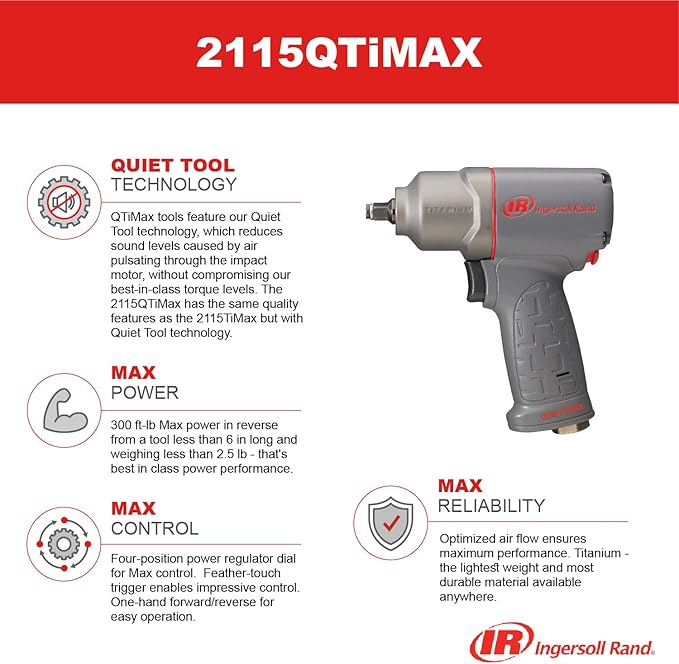 Ingersoll Rand 2115QTiMAX 3/8” Drive Air Impact Wrench, Quiet Tool, Lightweight 2.5 lb Design, Powerful Reverse Torque Output Up to 300 ft lbs, 7 Vane Motor, Max Control, Gray