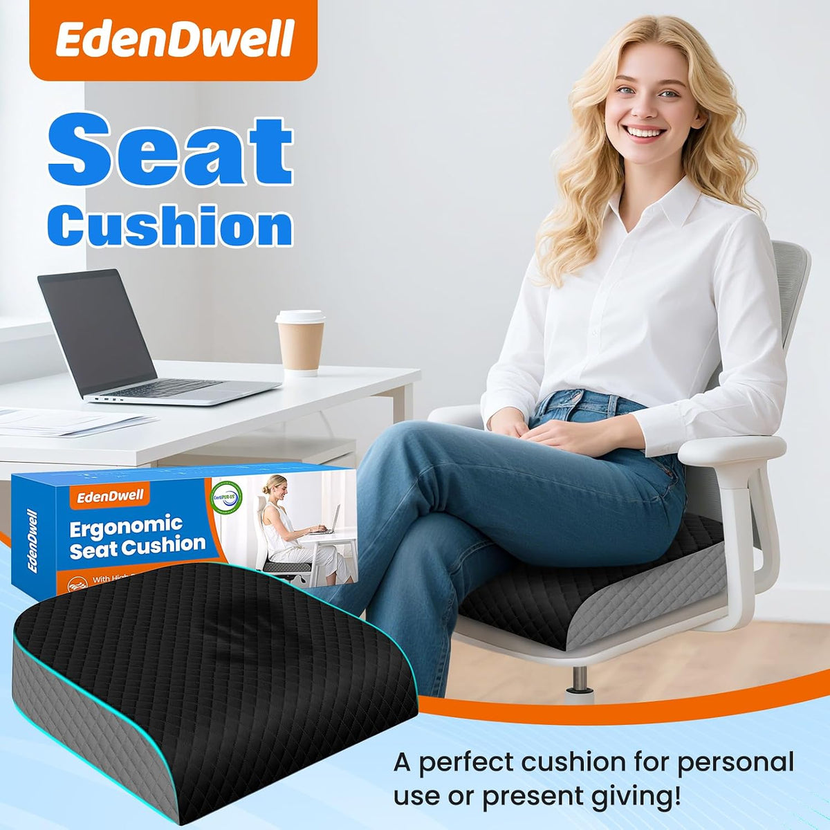 Seat Cushion, Office Chair Cushion, Chair Pad, Large, Black, Large