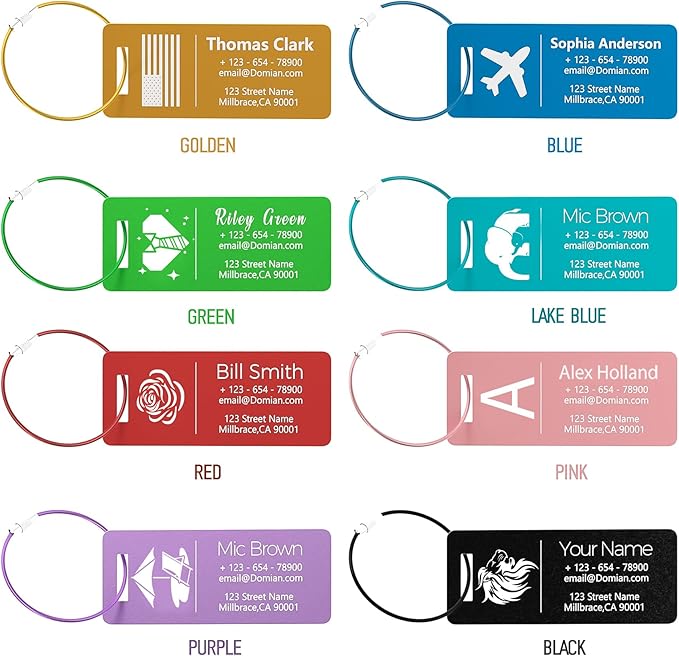 4 Pack Personalized Luggage Tags, Custom Engraved Aluminum Luggage Tags with Your Personalized Text, Waterproof Metal Name Tags with Steel Loop for Bags, Suitcase, Baggage, Backpack (Pink, Small)