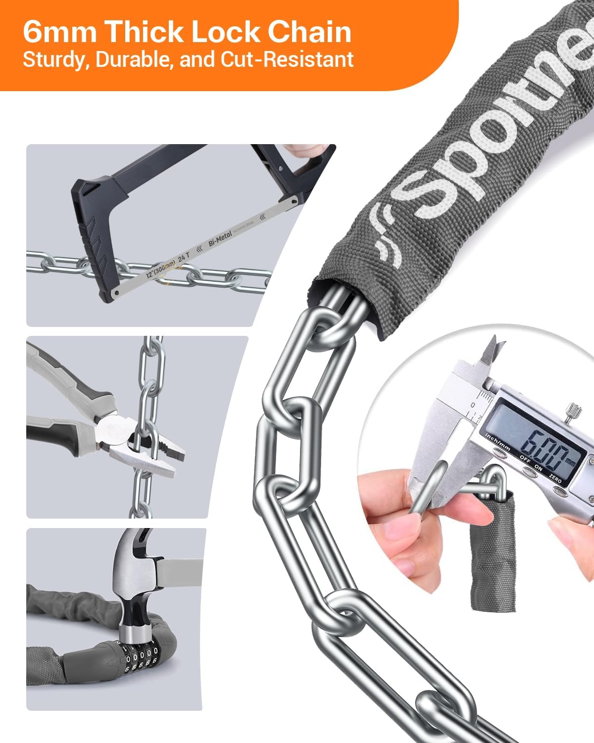 Sportneer Bike Lock - High Security 5-Digit Combination Chain Lock | 3.2/3.6/4ft Heavy Duty Keyless Design for Bikes, Motorcycles, Scooters, and Gates - 4/6mm Thick, Easy to Use