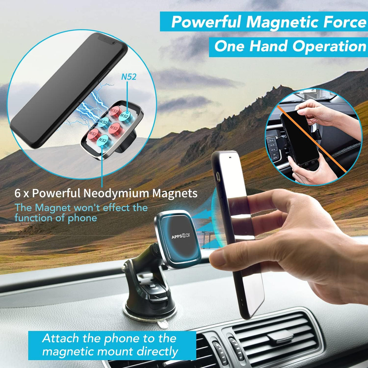 APPS2Car 3-in-1 Car Phone Mount Magnetic Dashboard Windshield Air Vent Mount Phone Holder for Car Universal Car Phone Holder with Powerful Suction Cup Built-in Strong 6 Magnets for All CellPhones