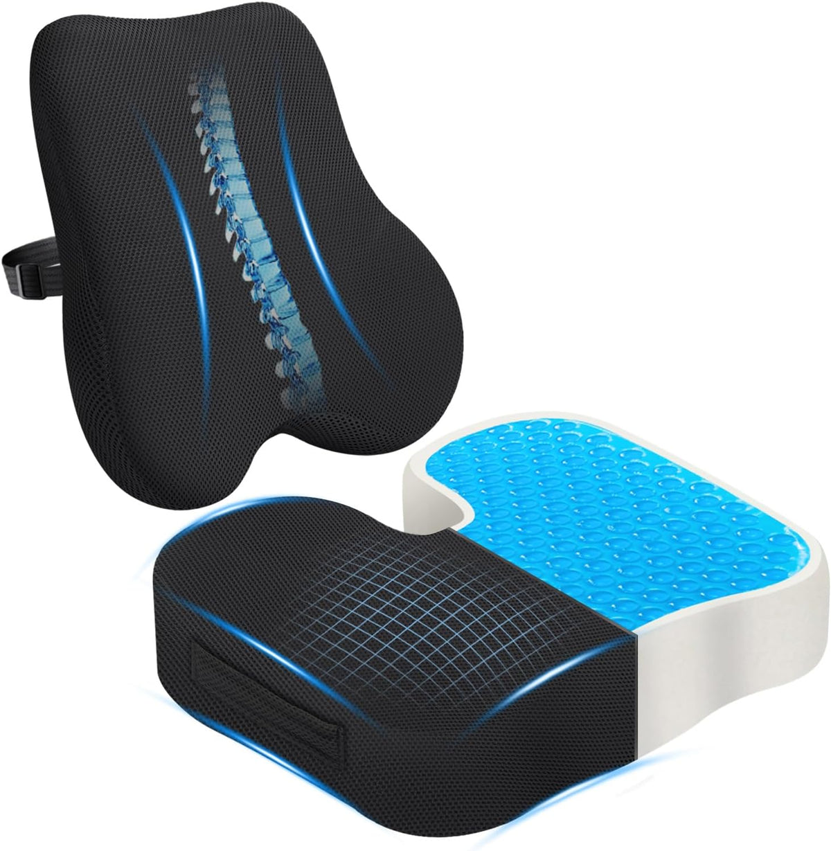 Memory Foam Seat Cushion & Plush Velvet Lumbar Support Pillow Set, Comfort Computer Chair Cushions for Tailbone & Back Pain Relief, Ergonomic Office Chair Cushion for Car, Home, Wheelchair (Black)
