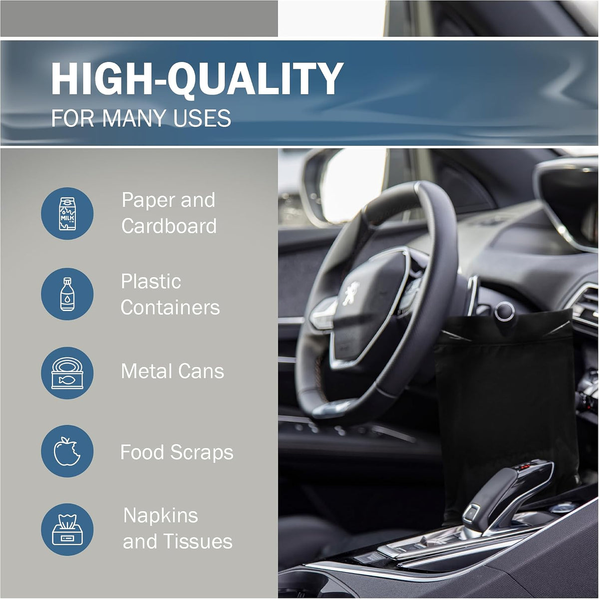 12x15 Black Disposable Car Trash Bags, Leak-proof, Medium Size, 50 Pack, 2 Mil Thick, with Die-Cut Handles by PPB