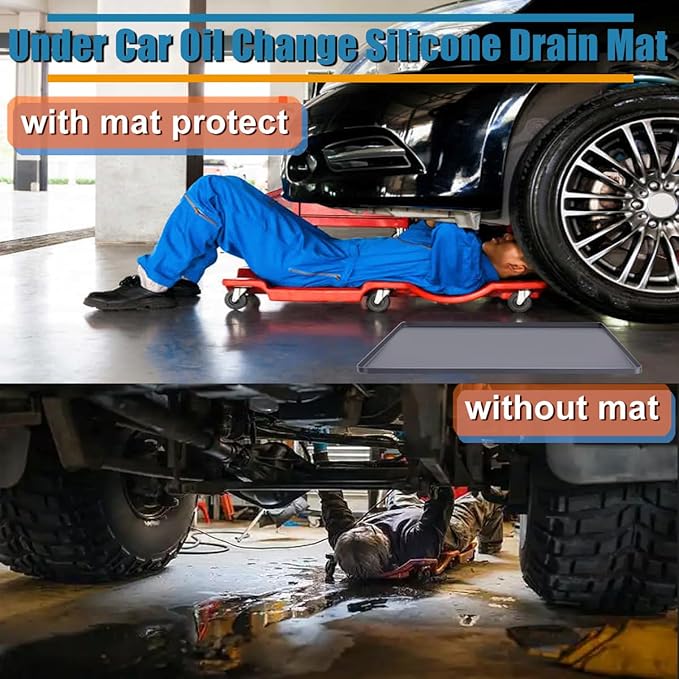 Under Car Oil Spill Mat Oil Drip Pan, 34x22in Garage Floor Mat Drip Tray, Soft Silicone Pad with Raised Edge, Liquid Drain Pan Catcher Automotive Tray, Driveway Pad Liquid Leaks Non-Slip No Splatter