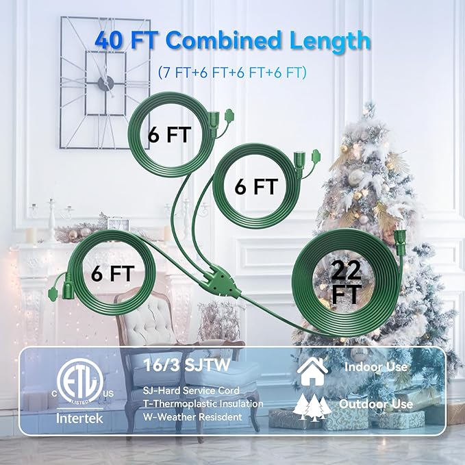 K KASONIC - 40FT Outdoor Extension Cord 1 to 3 Splitter, 3 Prong Outlets Plugs with Safety Covers, Weatherproof Extension Cord for Christmas Decorations, 16/3 SJTW, ETL Listed, Green
