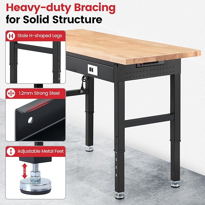 ENJOYWOOD 60" x 22" Heavy Duty Workbench Adjustable Height Garage Work Table with Solid Rubberwood Top, Drawer & Power Outlets for Workshop, Home & Office