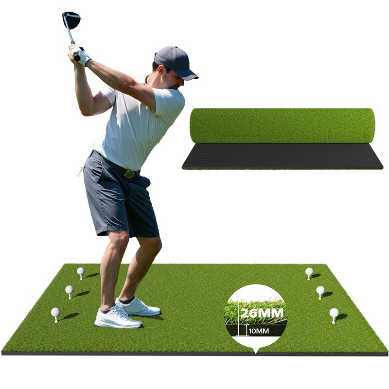 RIKADE 5x4ft Golf Hitting Mat, Backyard Garage Home Indoor Outdoor Practice Mat, 16mm Dense Short Turf with 6 Rotating Tee Holes, 10mm High-Rebound Non-Slip EVA Base Golf Training Mat