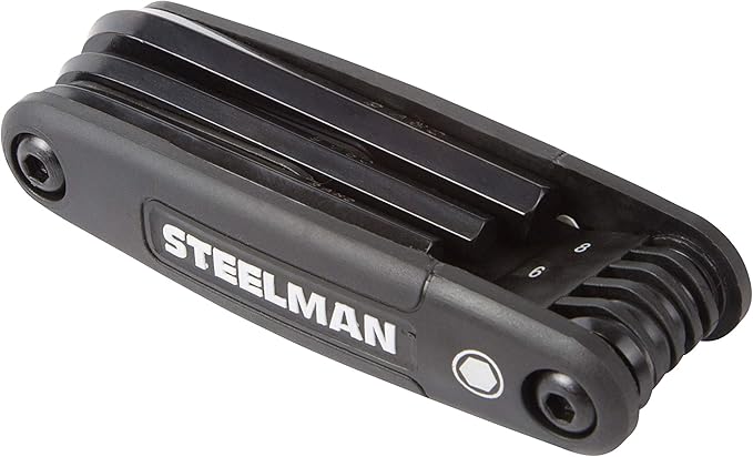 Steelman Portable Folding Hex Key Wrench Metric Multi-Tool, Set Includes 1.5, 2, 2.5, 3, 4, 5, 6, and 8mm Sizes, Chamfered Ends, Steel, Corrosion-Resistant Black Oxide Coating