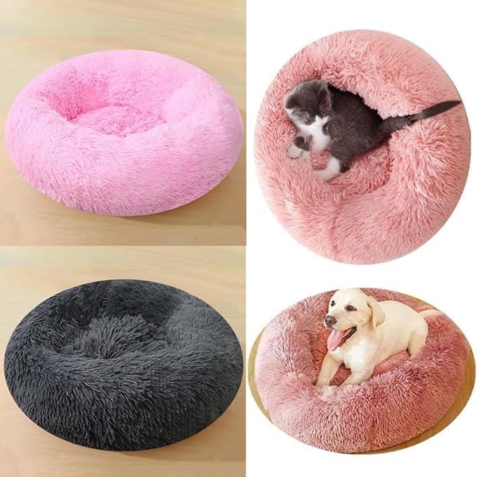 Calming Small Dog Bed Cat Bed, 36 Inch Donut Fluffy Anti-Anxiety Round Bed Washable Cute Bed, Cuddler Warming Cozy Soft Bed, Plush Cushion Bed for Small Medium Dogs and Cats (Khaki)