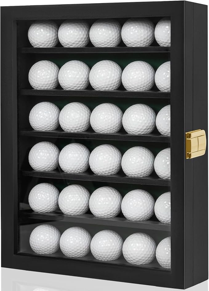 Golf Ball Display Case, Solid Wood Golf Ball Holder, Wall Mounted Golf Ball Rack with Acrylic Door for Golf Enthusiasts (Black, for 30 Golf Balls)