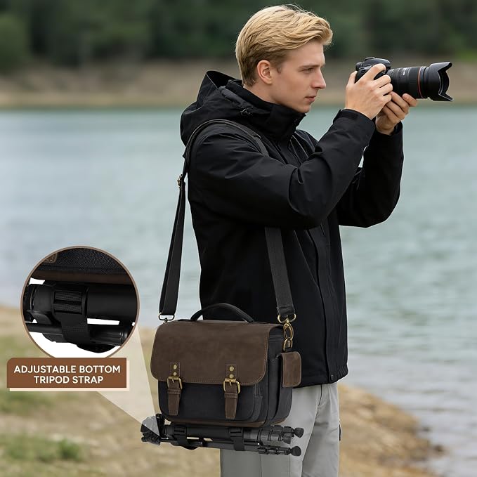 RAINSMORE Camera Bag, Vintage Canvas Camera Sling Bag Small Waterproof DSLR SLR