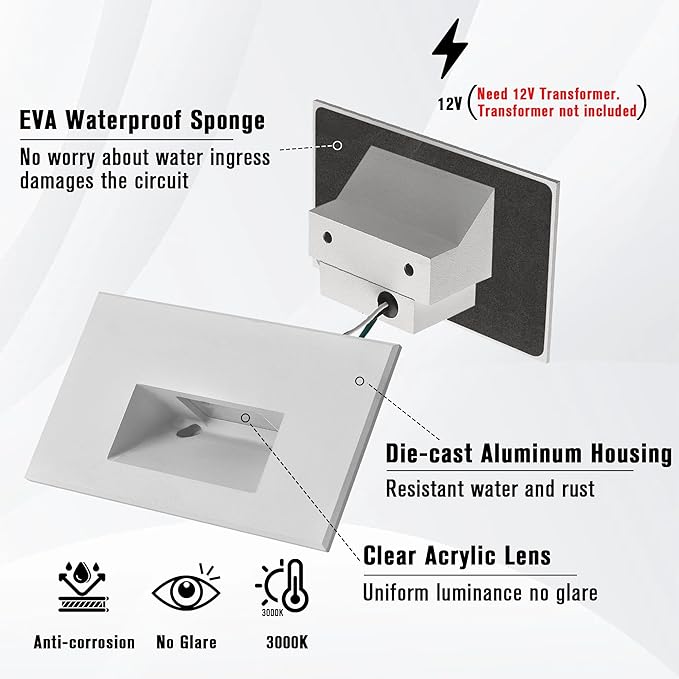 Step Lights Outdoor Indoor Stair Lights LED, 4W 3000K Warm White 12V Low Voltage, 350LM IP66 Waterproof, White Lights for Stairs Horizontal, 3-Pack