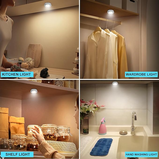 Wireless LED Puck Lights, Touch Activated Tap Ligh Push Light, Battery Operated Stick On Lights for Under Cabinet, Kitchen, Closet & Counters, 3-Pack, Silver (Included 3AAA Batteries)