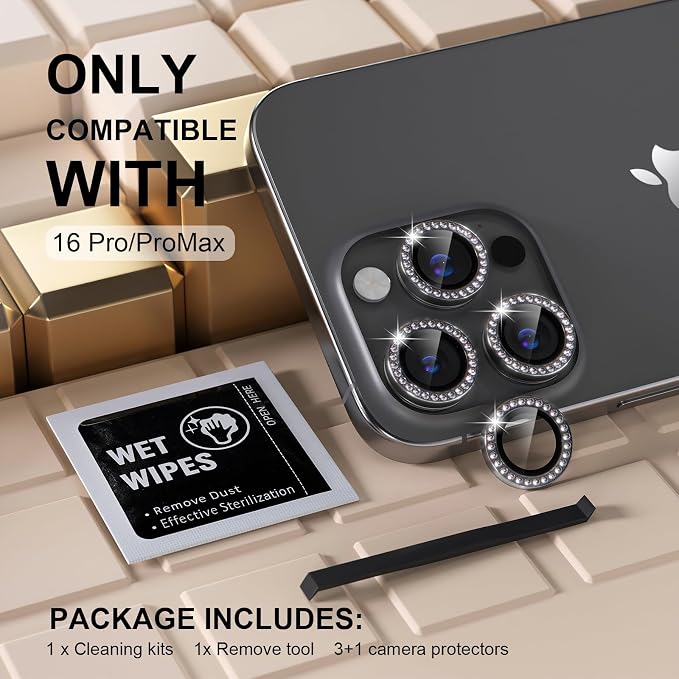 Misea Compatible for iPhone 16 Pro/iPhone 16 Pro Max Camera Lens Protector Bling