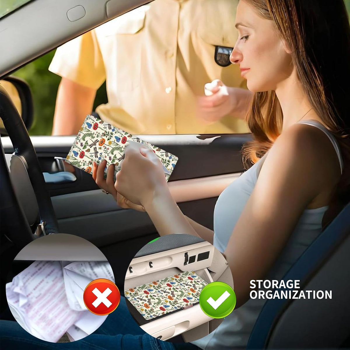 Leather Car Registration and Insurance Card Holder, Cute Car Accessories Vehicle Glove Box Car Organizer for Documents, Cards, License Cute Dragonfly Flowers