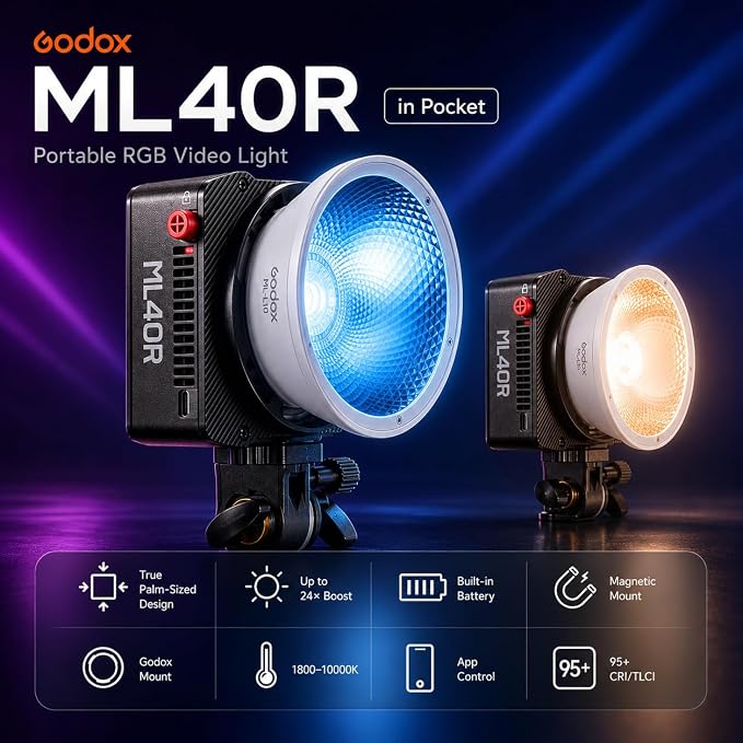 Godox ML40R RGB LED Video Light, Portable COB Photography Light
