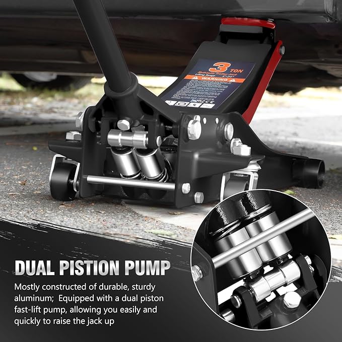 PM PERFORMOTOR Low Profile Hydraulic Trolley Service/Floor Jack, 3 Ton (6000 lbs) Capacity, Lifting Range 3"-20",Black,PM-TOL-FJ30-BK