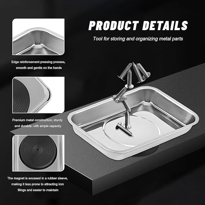 Sun Walker 2 PCS Magnetic Tray Holders, Stainless Steel Thickened Rectangle Tray Set with Strong Magnet, Heavy Duty Magnetic Trays for Screws Bolts Nuts Washers Pins (3.6"×2.5" Square)